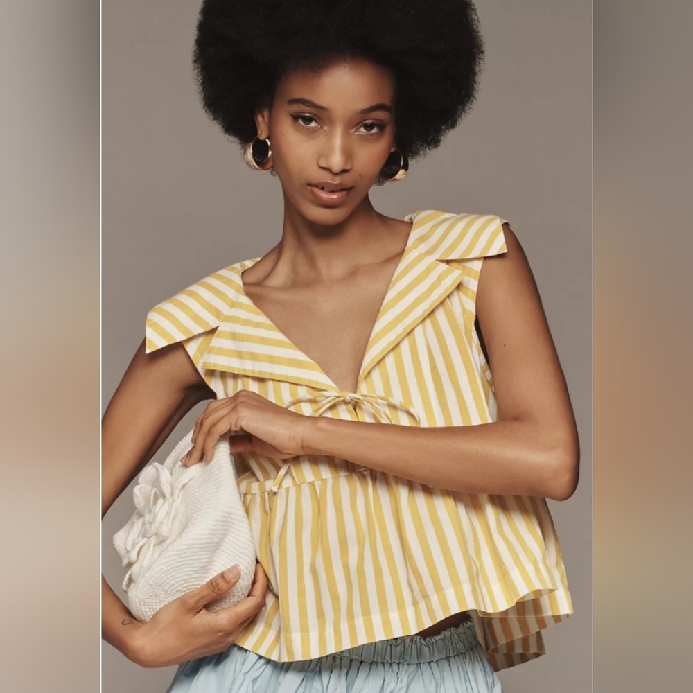 Anthropologie Maeve Babydoll Yellow Striped V-Neck Peplum Top Size XL NWOT - Picture 4 of 7